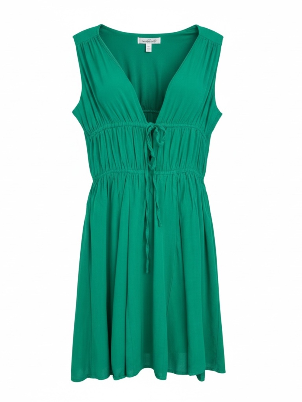 Magnolia Boutique Green Gathered V-Neck Dress with Waist Tie/Size Medium